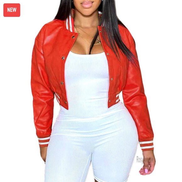 Faux Leather Bomber Jacket Snap Button Cropped Varsity Style Outerwear